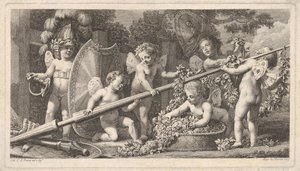 Seks putti leker med armene til Mars, fire holder fast i en stor lanse, en til venstre ..., 1769. av Bossi