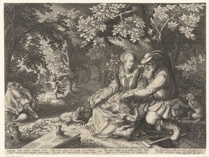 Døden og Amor skyter hverandres piler og en gammel mann kurerer ung kvinne