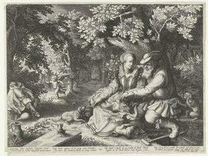 Døden og Amor skyter hverandres piler og en gammel mann kurerer ung kvinne