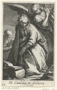 Saint Candida og Saint Gelasia som eremitter med engel SS. Candida et Gelasia (tittel på objekt) Eremittinner (serietittel) Sacra Eremus Ascetriarum (serietittel)