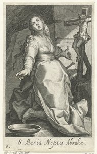 Heilige Maria als kluizenares S. Maria Neptis Abrahae (tittel på objekt) Kluizenaressen (serietittel) Sacred Hermitage of Ascetriarum (serietittel) av Boëtius Adamsz. Bolswert