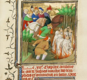 Tempelridderne brant i nærvær av Filip den fagre og hans hoffmenn, ca 1413-1415 av Boucicaut Master,
