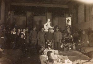 Album av første verdenskrig i Friuli-Venezia Giulia: gruppeportrett 1. juledag i Villa Brazzà, hjemmet til 17 av krigssykehuset i Soleschiano Manzano, 25/12/1915 (s/hv-bilde) av Bourbon Del Monte