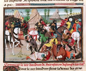 Ms 5089-90 Slaget mellom kong Baldwin I (ca. 1058-1118) og tyrkerne, fra Chroniques des empereurs av David Aubert, 1462 av Brabant School