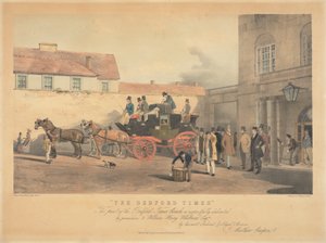 "The Bedford Times" / Dette trykket av Bedford Times Coach, er respektfullt dedikert / med tillatelse, til William Henry Whitbread Esq're. / av sin mest lydige og pliktige tjener / J. Matthew Crispin av Bradford Rudge