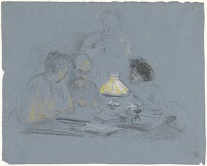 A. Grandmont og tre skikkelser, leser ved lampelys