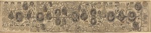 Slektstre med portretter av Henry VII, Henry VIII, Elizabeth, James og Charles
