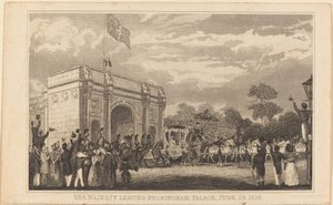 Hennes Majestet forlater Buckingham Palace, 28. juni 1838 [venstre halvdel] av British 19th Century
