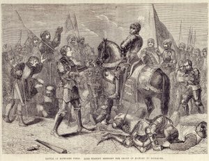 Slaget ved Bosworth-feltet. Lord Stanley bringer kronen til Richard III til Richmond (1485): slutten av krigen om de to roser - i "" Cassells illustrerte historie om England", vol. II, av William Howitt av British School