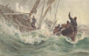Kaptein og hans trofaste hund går ned med havarert skip, mens mannskapet rømmer (farge litho) av British School