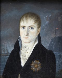 Keiser på øya Sainte-Helene - Portrett av keiser Napoleon 1. barhodet, i svart frakk, iført den store ørneplaketten av Æreslegionens orden - Portrett av Napoleon Bonaparte på øya Saint Helena av kaptein Dodgin (aktiv av British School
