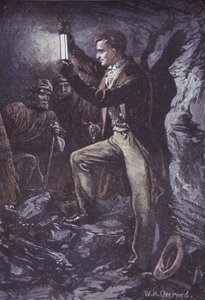 Humphry Davy med Davy sikkerhetslampe for gruvearbeidere, oppfunnet i 1815 (håndfarget tregravering)
