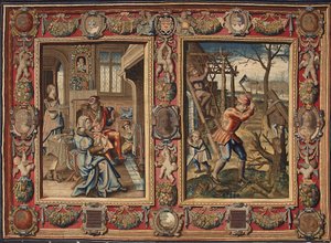 Januar og februar: "Et par ved bålet og en vedhogger"" Tapetet av produsentene til Mortlake. Genes fra 1600-tallet, Musei di Strada Nuova av British School