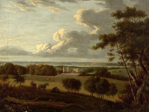 Landskap nær kysten (utsikt over et herskapshus med havet i det fjerne) (olje på lerret) av British School