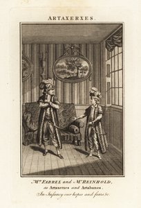 Fru Margaret Farrel og Mr Charles Frederick Reinhold i persisk drakt som Artaxerxes og Artabanes i Thomas Arnes opera Artaxerxes av British School