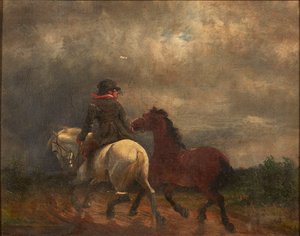 Rytter med to hester (olje på lerret) av British School