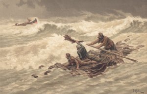 Sjømenn klamrer seg til vraket til sjøs (farge litho) av British School