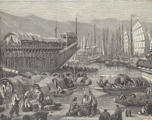 Fartøy i travel havn, Shanghai, Kina (gravering) av British School