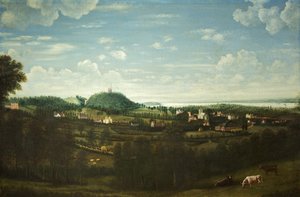 Utsikt over Henbury Village, ca. 1720 (olje på lerret) av British School