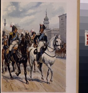 Keiser Alexander I Pavlovich (1777-1825) med storhertug Konstantin Pavlovich av Russland (1779-1831). (Keiser Alexander I med storhertug Konstantin Pavlovich av Russland). Verk av Bronislaw Gembarzewski (1872-1941), litografi. Fin polsk kunst 1 av Bronislaw Gembarzewski