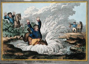 Coming in at the Death, etset av James Gillray (1757-1815) utgitt av Hannah Humphrey i 1800 (håndfarget etsning)