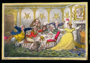 Selskap sjokkert over en dame som reiser seg til Ring the Bell, etset av James Gillray (1756-1815) utgitt av Hannah Humphrey i 1804 (håndfarget etsning)