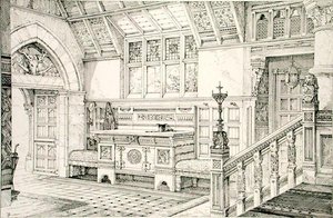 Hall, fra "Eksempler på gamle og moderne møbler", av Bruce Talbert