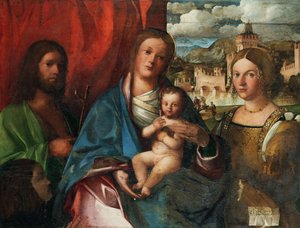 Jomfruen og barnet med de hellige døperen Johannes, Catherine av Alexandria og donator, tidlig på 1500-tallet. av Buonconsiglio