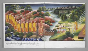 Eller. 13534, f.23 Munker som krysser en elv, Scener fra Buddhas liv (pergament) av Burmese School
