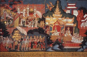 Eller 14297 fol.6-7 The Birth of the Future Buddha, ca. 1800-20 (gouache på papir) av Burmese School