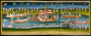 Parabaik-bilde, som viser kongelig festival på vann, Royal Barge-prosesjon, eller 16761, f. 35r (papirbrettebok) av Burmese School