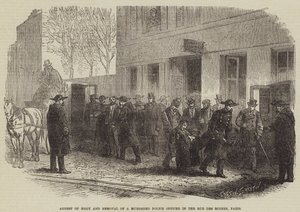 Arrestasjon av Megy og fjerning av en myrdet politimann i Rue des Moines, Paris