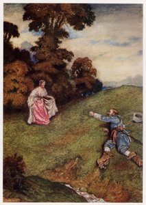 "For han kunne verken stå eller gå, / men som en krøpling ramlet" (farge litho) av Byam (after) Shaw