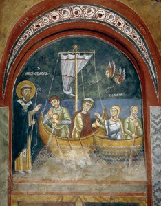 Åpenbaring av Saint Nicholas til skipbrudne reisende, Detalj fra historiene om livet til Saint Nicholas, romanske fresker i bysantinsk stil, sent på 1000-tallet, kapellet Saint Eldrad og Saint Nicholas, Novalesa Abbey, Piemonte, Italia av Byzantine