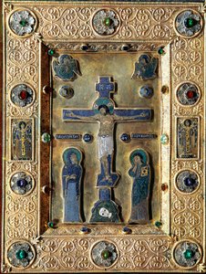 Bysantinsk kunst: Evangelisk av gull og emalje dekorert med gullblader avviser med filigrankrusifiks som representerer Jomfruen og Saint John. Venezia tesoro fra San Marco fra 1100- og 1200-tallet (tresor av Saint Mark) av Byzantine