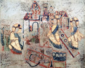 Bysantinsk kunst: "" Representasjon av Frelseren Kristus som hogger ned portene til underverdenen, knuser Satan og frigjør sjeler""" Miniatyr fra "Exultet"" fra begynnelsen av det 11. århundre Museo Diocesano, Gaeta av Byzantine