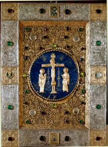 Bysantinsk kunst: omslag av en evangelisk dekorert med gullblader avviser med filigrankrusifiks som representerer Jomfruen og Saint John. 1200-tallet. Venezia tesoro de San Marco (skattmester i Saint Mark) av Byzantine