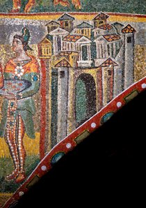 Kristen kunst: "Tilbedelse av magiene"". Detalj av landskapet. Mosaikk fra det 5. århundre. Triumfbuen, basilikaen Santa Maria Maggiore (Holy Mary Major), Roma. av Byzantine