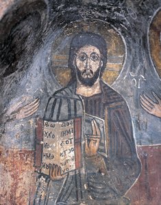 Nærbilde av en freskomaleri av en pantokrator, Kristus Pantokrator, Zoupena, Sparta, Peloponnes, Hellas av Byzantine