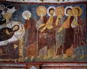 Jomfruens sove blant apostler, detalj, bysantinsk freskomaleri (1200-tallet), Gulsehir Karsi Kilise (Church of St John), Goreme (Unescos verdensarvliste) av Byzantine