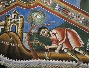 Eldrad-jordbruk i Ambilly, Provence, Detalj fra Historier om livet til Saint Eldrad, romanske fresker i bysantinsk stil, sent på 1000-tallet, kapellet Saint Eldrad og Saint Nicholas, Novalesa Abbey, Piemonte, Italia. av Byzantine