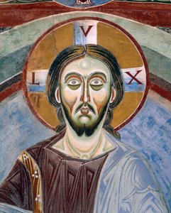 Face of Christ Pantocrator, Detalj av romanske fresker i bysantinsk stil, slutten av 1000-tallet, kapellet Saint Eldrad og Saint Nicholas, Novalesa Abbey, Piemonte, Italia av Byzantine
