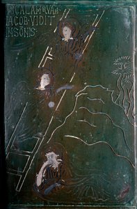 Jakob ser i drømme englene stige opp og ned av bronsedørflisskalaen laget i Konstantinopel i 1076. Monte Sant 