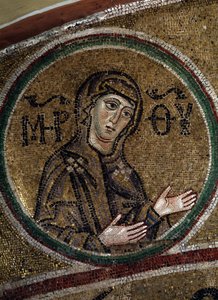 The Virgin Oranta (ortodoks kristen skildring av Jomfru Maria, ber med utstrakte armer) (The Virgin Orans). Mosaikk av en bysantinsk mester, rundt 1037-1050, gammel russisk kunst. Hvelv av koret til Saint Sophia-katedralen i Kiev (Ukraina). av Byzantine