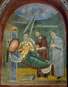 Saint Eldrad døende mottar eukaristien, detalj fra historiene om Saint Eldrad, romansk freskomaleri, bysantinsk stil, sent på 1000-tallet, kapellet Saint Eldrad og Saint Nicholas, Novalesa Abbey, Piemonte, Italia. av Byzantine