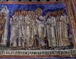 St. Paul legger hendene på nydøpt, bysantinsk freskomaleri i tverrskipet til Tokali Kilise (spennekirken) (1100-1200-tallet), Goreme (Unescos verdensarvliste) av Byzantine