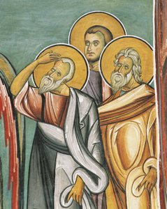 Tre personer i en kirke, Panagia tou Araka, bysantinsk, Troodos-fjellene, Kypros av Byzantine