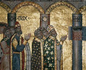 Bysantinsk arkitektur: oppdag urnen til Markus. Detalj av mosaikk på gullbakgrunn. Basilica di San Marco (Basilica di San Marco), Venezia av Byzantine Byzantine