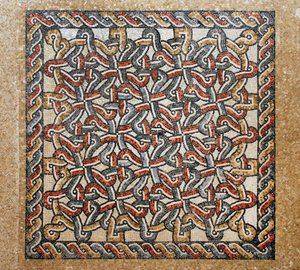 Mosaikkgulv fra bema-området i den tidlige bysantinske kirken i Shiloh, Vestbredden, 380-420 e.Kr. (mosaikk) av Byzantine Byzantine