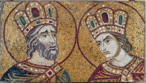 Den romerske keiseren Konstantin I, med Saint Helene, hans mor (mosaikkdetalj)